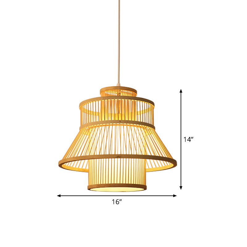 Chinese Bamboo Hanging Light: Flared Wood Design With 1 Bulb For Tearoom