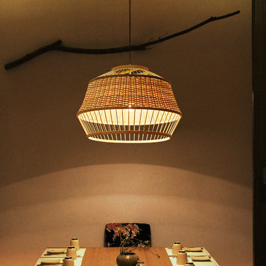 Handcrafted Japanese Bamboo Pendant Ceiling Lamp In Beige