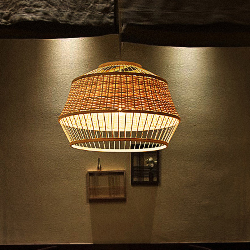 Handcrafted Japanese Bamboo Pendant Ceiling Lamp In Beige