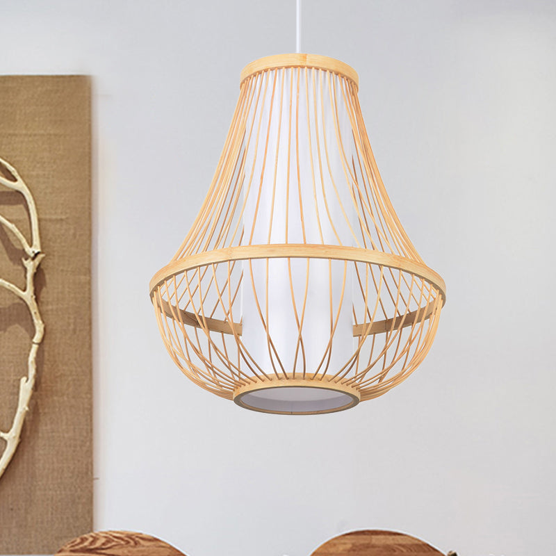 Japanese Bamboo Teardrop Ceiling Light - Elegant Wood Pendant Fixture With Tubular White Parchment