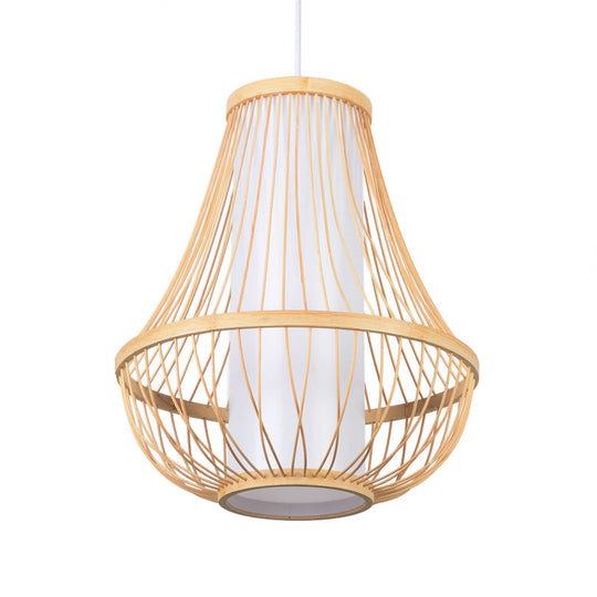 Japanese Bamboo Teardrop Ceiling Light - Elegant Wood Pendant Fixture With Tubular White Parchment