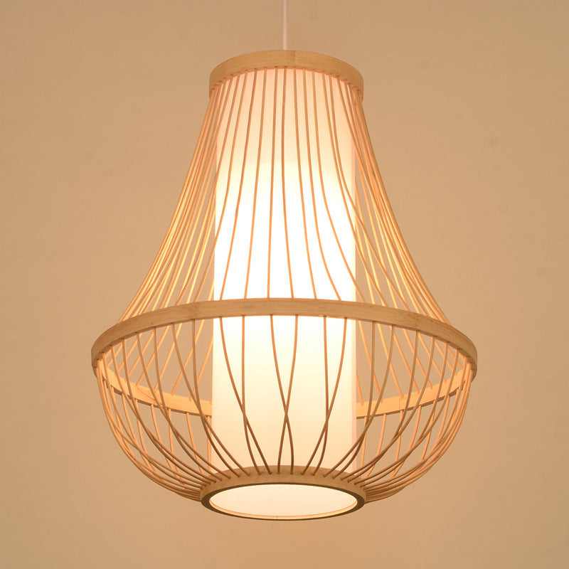 Japanese Bamboo Teardrop Ceiling Light - Elegant Wood Pendant Fixture With Tubular White Parchment