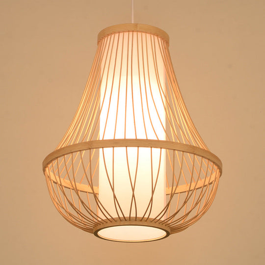 Japanese Bamboo Teardrop Ceiling Light - Elegant Wood Pendant Fixture With Tubular White Parchment