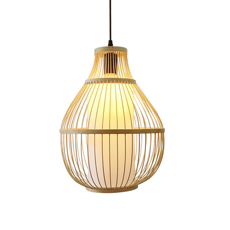 Chinese Bamboo 1-Head Pendant Light For Dining Room In Beige Pear