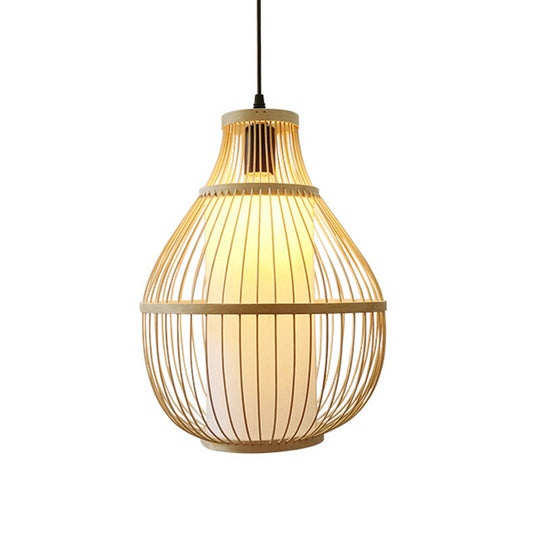 Chinese Bamboo 1-Head Pendant Light For Dining Room In Beige Pear