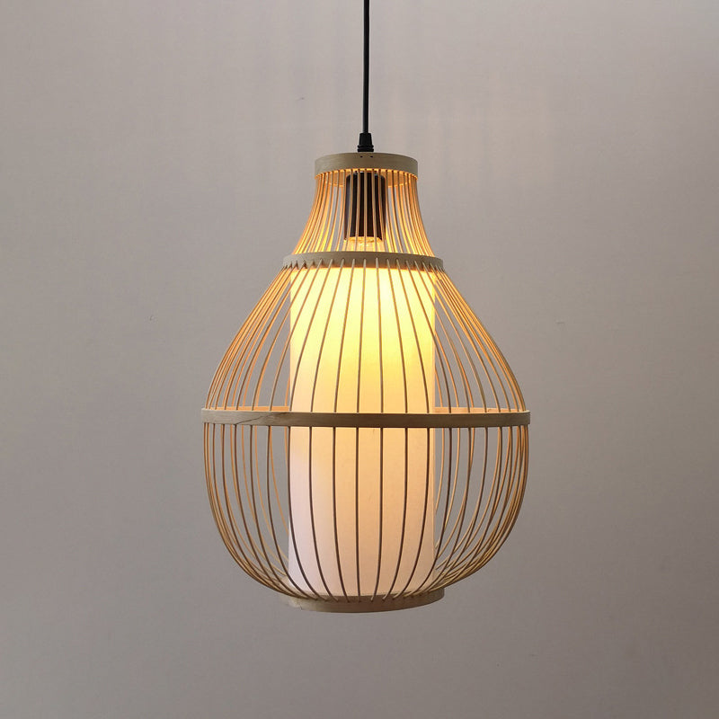 Chinese Bamboo 1-Head Pendant Light For Dining Room In Beige Pear