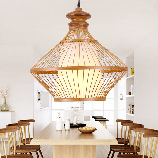 Bamboo Urn Ceiling Lamp: Japanese Hanging Pendant Light In Beige With Tapered White Parchment Shade