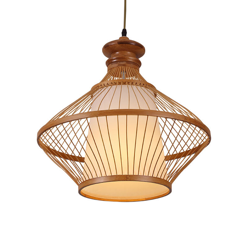 Bamboo Urn Ceiling Lamp: Japanese Hanging Pendant Light In Beige With Tapered White Parchment Shade