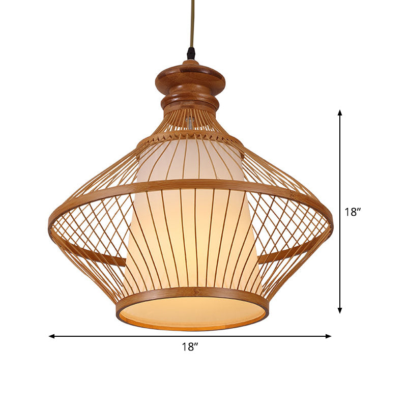 Bamboo Urn Ceiling Lamp: Japanese Hanging Pendant Light In Beige With Tapered White Parchment Shade