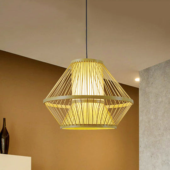 Tapered Chinese Bamboo Pendant Light With 1 Head - Beige Dining Room Lighting Fixture