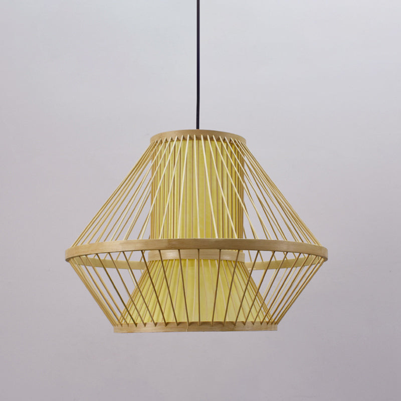 Tapered Chinese Bamboo Pendant Light With 1 Head - Beige Dining Room Lighting Fixture