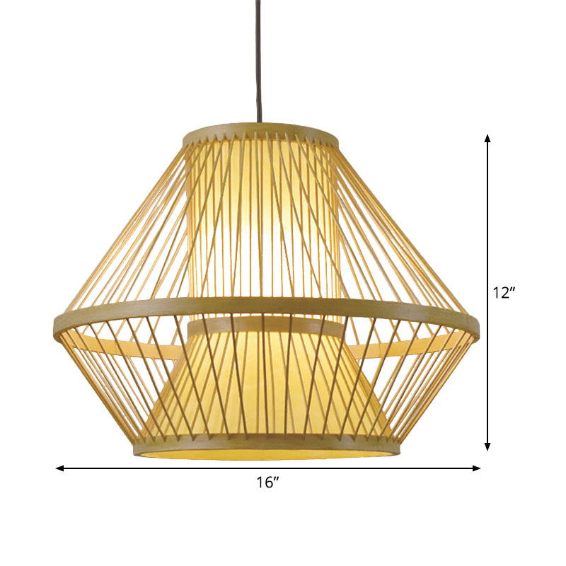 Tapered Chinese Bamboo Pendant Light With 1 Head - Beige Dining Room Lighting Fixture