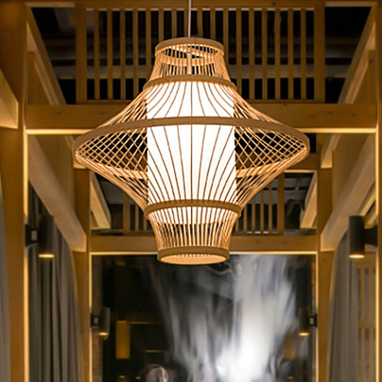 Bamboo Ceiling Light: Asian Inspired Wood Fixture With Suspended Cylinder Shade