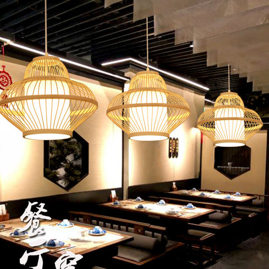 Teahouse Pendant Light - Asia Wood Ceiling Lamp With Curved Bamboo Shade