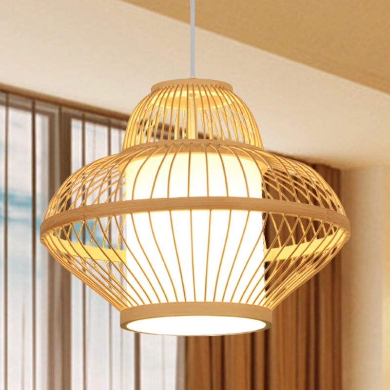 Teahouse Pendant Light - Asia Wood Ceiling Lamp With Curved Bamboo Shade