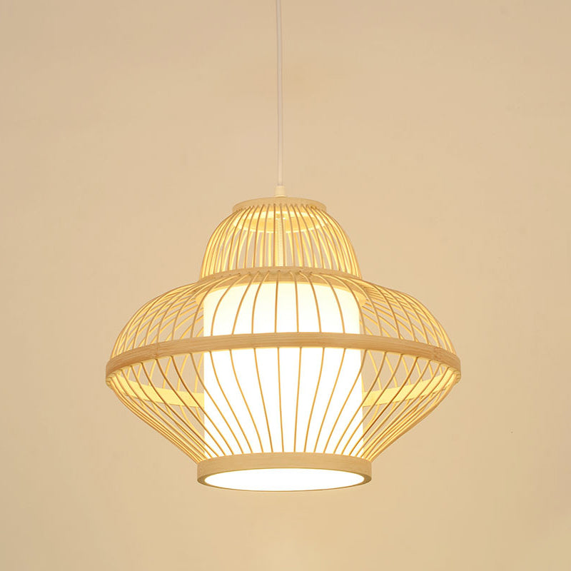 Teahouse Pendant Light - Asia Wood Ceiling Lamp With Curved Bamboo Shade