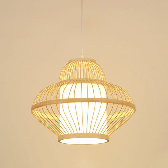 Teahouse Pendant Light - Asia Wood Ceiling Lamp With Curved Bamboo Shade