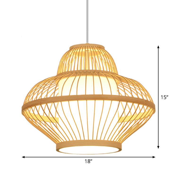 Teahouse Pendant Light - Asia Wood Ceiling Lamp With Curved Bamboo Shade