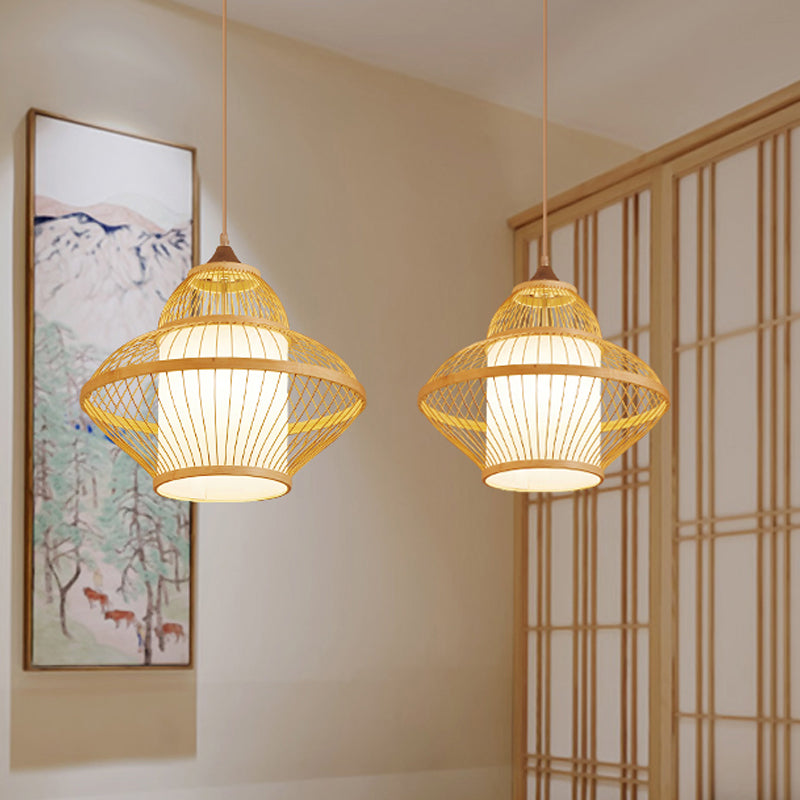 Curvy Bamboo Pendant Light - Japanese Inspired 14/17 Wide Wood Ceiling Hanging 1 Bulb / 14