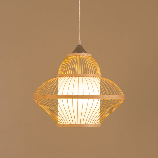 Curvy Bamboo Pendant Light - Japanese Inspired 14/17 Wide Wood Ceiling Hanging 1 Bulb