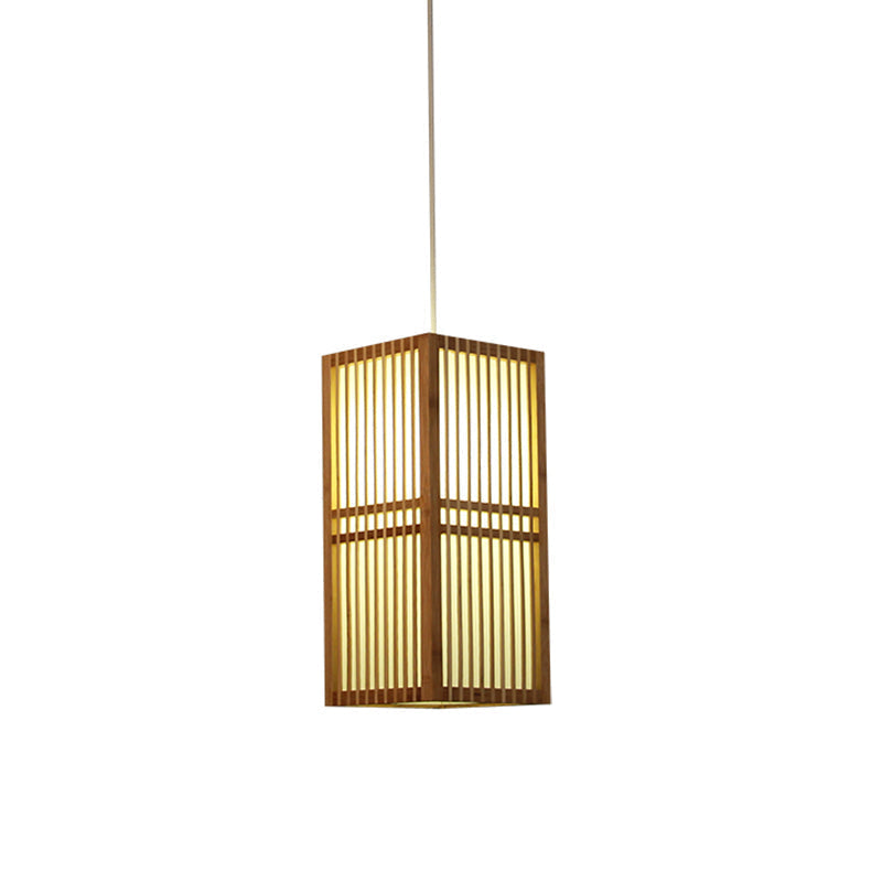 Asia Wood Suspended Hanging Light With Adjustable Cord - 1 Bulb Beige Lighting Fixture