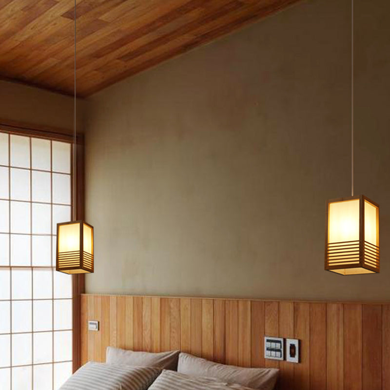 Rectangular Japanese Wood Ceiling Pendant Light In Beige