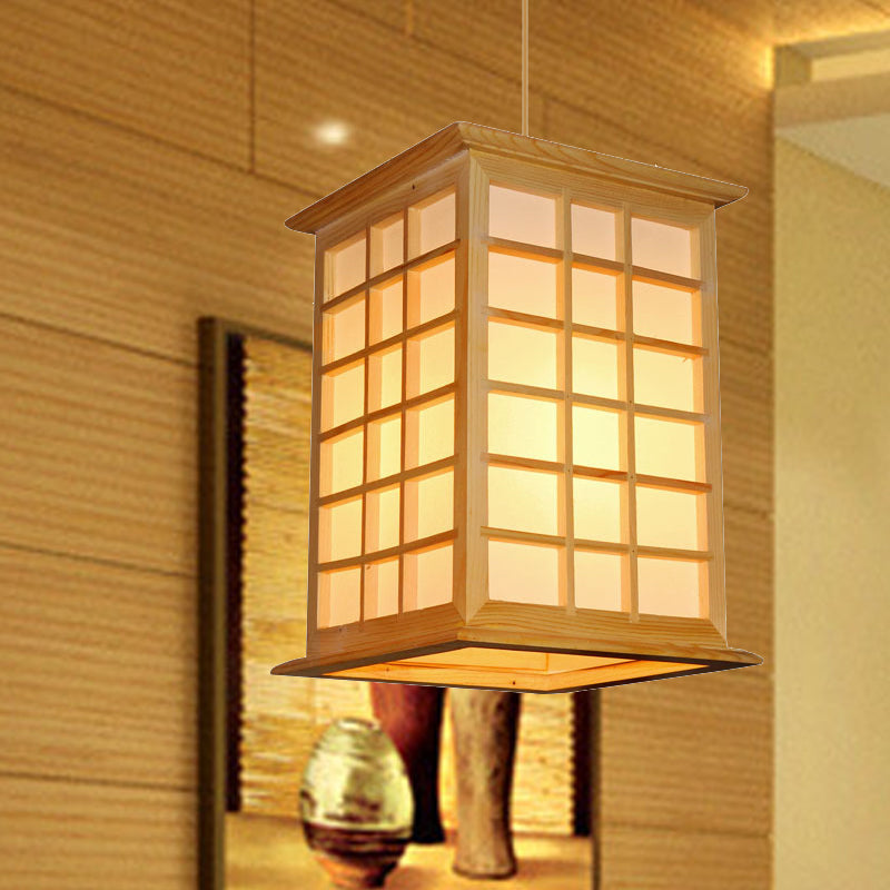 1-Head Asian Pendant Light - Beige House Suspended Fixture With Wood Shade