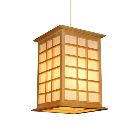 1-Head Asian Pendant Light - Beige House Suspended Fixture With Wood Shade