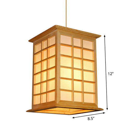 1-Head Asian Pendant Light - Beige House Suspended Fixture With Wood Shade