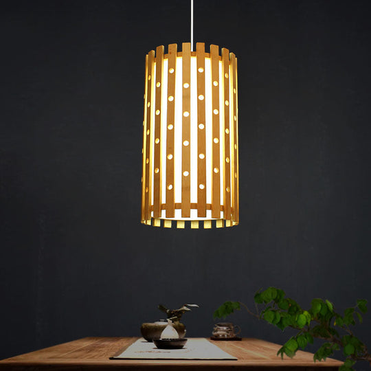 Cylindrical Pendant Lighting: Japanese Wood Hanging Light Fixture Beige 1 Bulb