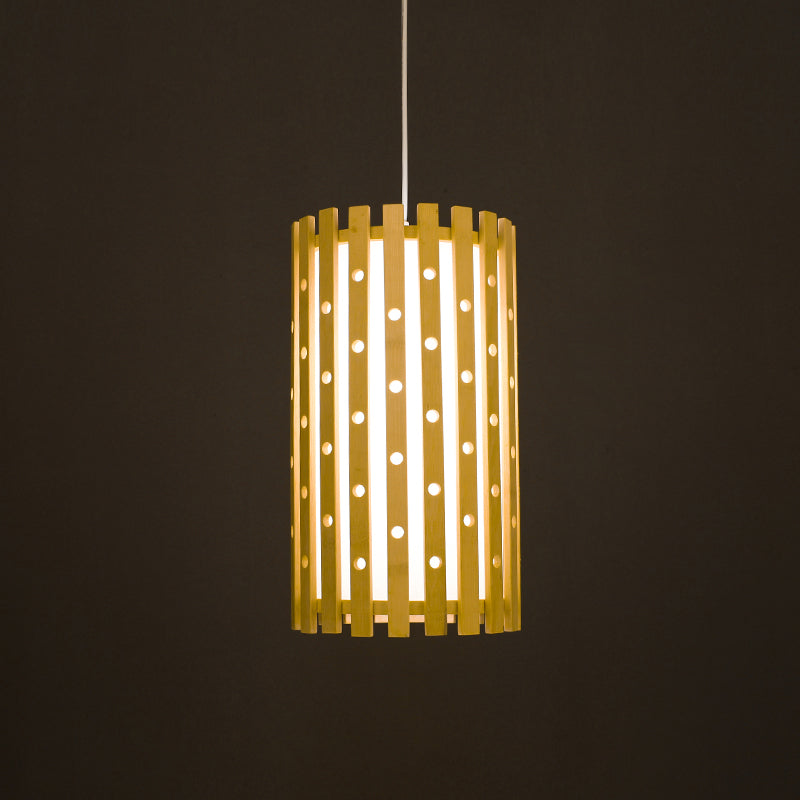 Cylindrical Pendant Lighting: Japanese Wood Hanging Light Fixture Beige 1 Bulb