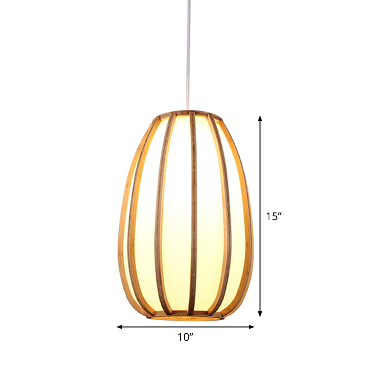 Beige Teardrop Hanging Light - Asian Wood Pendant For Dining Room 1 Bulb Fixture