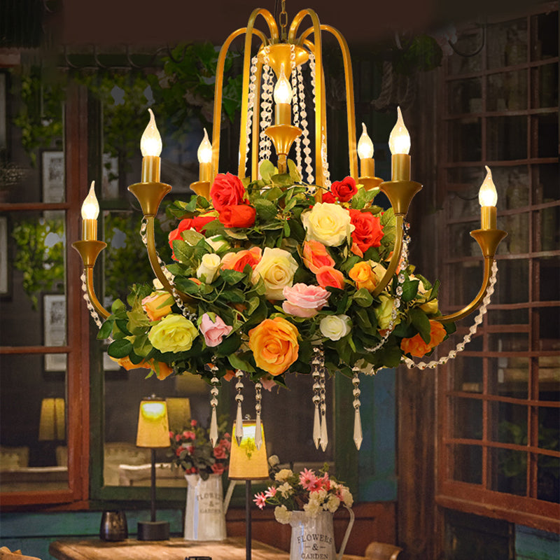 Gold Industrial Metal Chandelier With Rose Decor - Candle Restaurant Pendant Light (9 Bulbs)