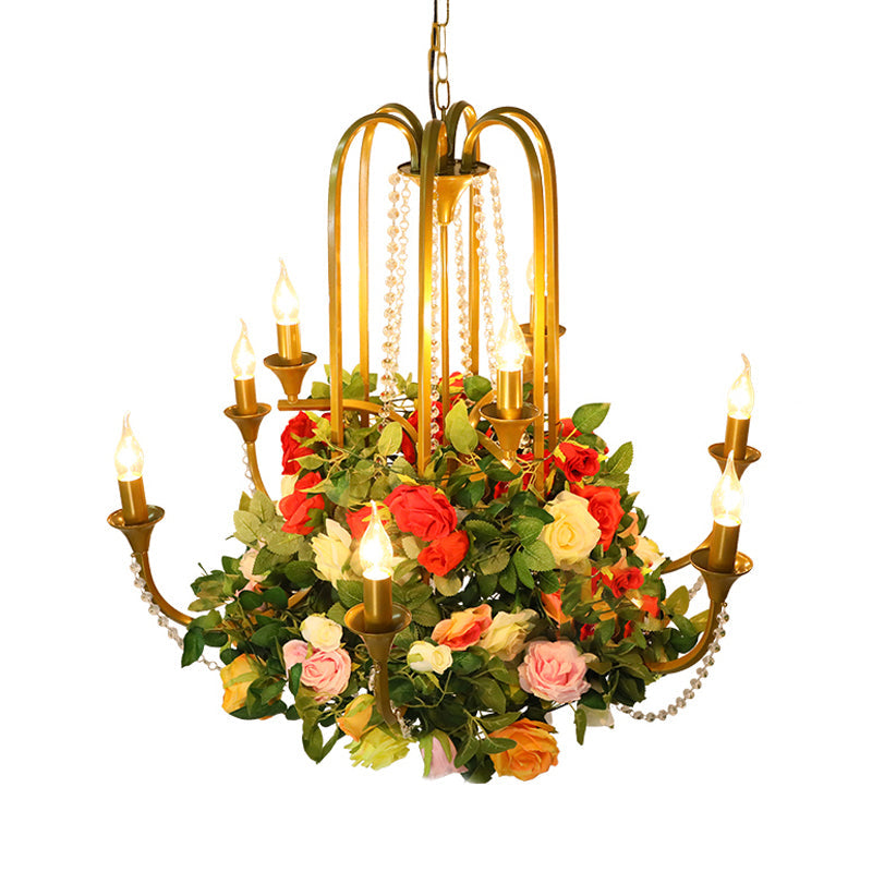 Gold Metal 9-Bulb Chandelier with Rose Decor - Perfect for Restaurant Lighting