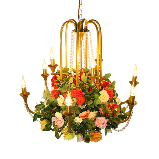 Gold Metal 9-Bulb Chandelier with Rose Decor - Perfect for Restaurant Lighting