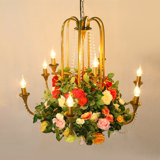 Gold Industrial Metal Chandelier With Rose Decor - Candle Restaurant Pendant Light (9 Bulbs)