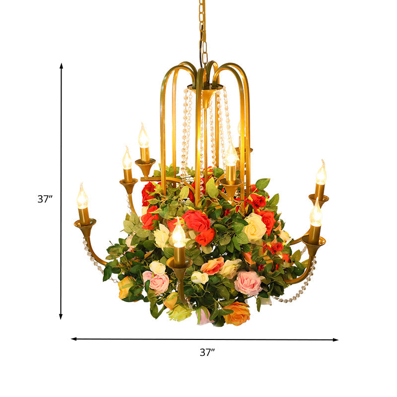 Gold Metal 9-Bulb Chandelier with Rose Decor - Perfect for Restaurant Lighting