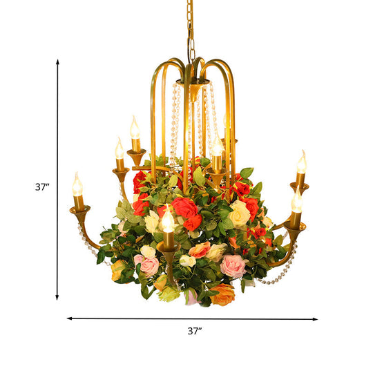 Gold Industrial Metal Chandelier With Rose Decor - Candle Restaurant Pendant Light (9 Bulbs)