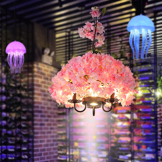 Daisy - Pink 3 Lights Chandelier Lighting Fixture Industrial Candlestick Metal Hanging Lamp in Pink with Flower Decoration