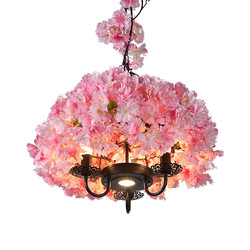 Daisy - Pink 3 Lights Chandelier Lighting Fixture Industrial Candlestick Metal Hanging Lamp in Pink with Flower Decoration