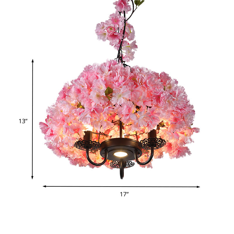 Daisy - Pink 3 Lights Chandelier Lighting Fixture Industrial Candlestick Metal Hanging Lamp in Pink with Flower Decoration