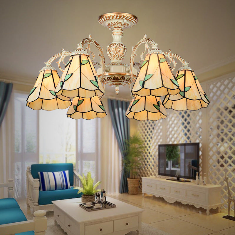 Rustic Leaf Chandelier Lamp with Curved Arm - Beige Glass - 3/5/6/8 Lights - Ideal for Living Rooms