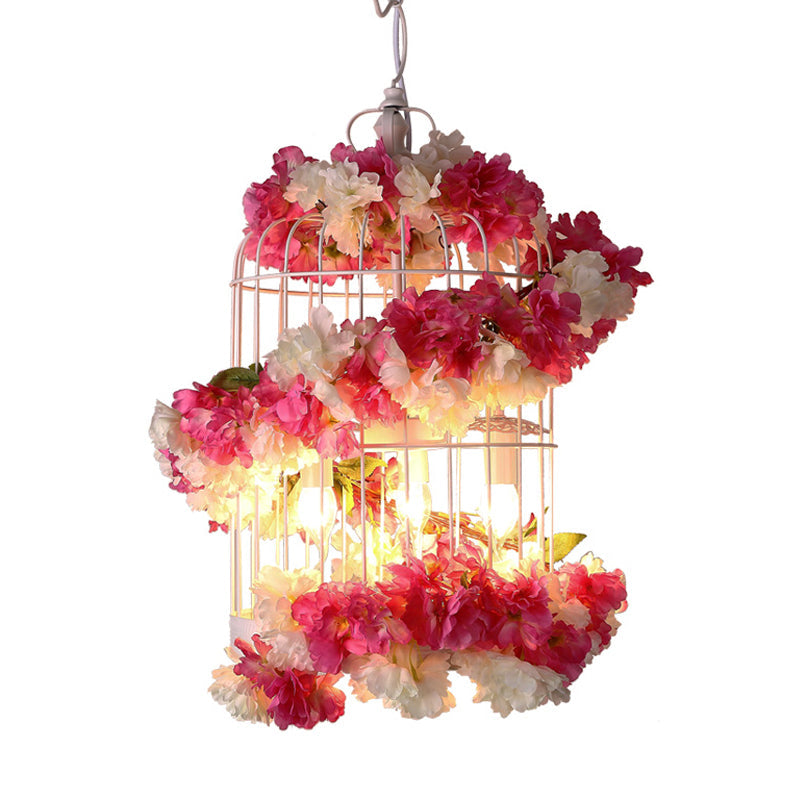 Francesca - Rose Antique Birdcage Ceiling Chandelier 3 Bulbs Metal Flower Drop Lamp in Rose Red for Restaurant