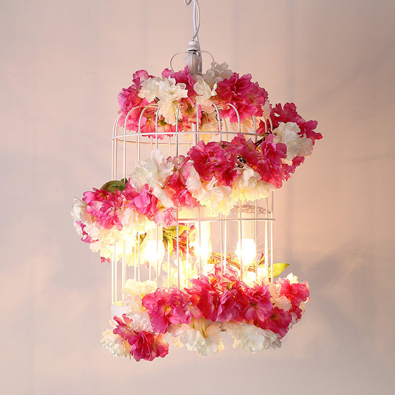 Francesca - Rose Antique Birdcage Ceiling Chandelier 3 Bulbs Metal Flower Drop Lamp in Rose Red for Restaurant