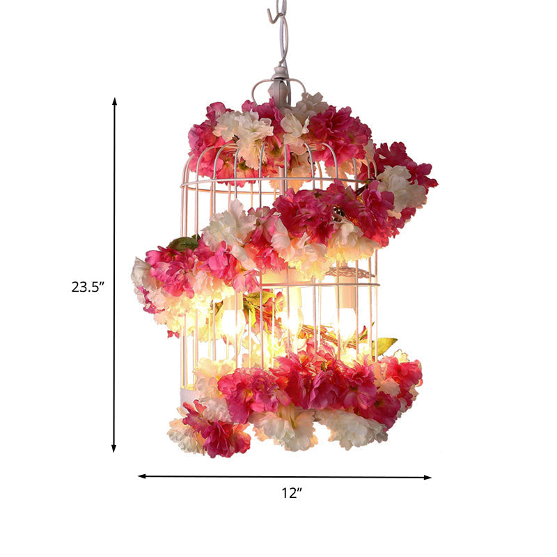 Francesca - Rose Antique Birdcage Ceiling Chandelier 3 Bulbs Metal Flower Drop Lamp in Rose Red for Restaurant