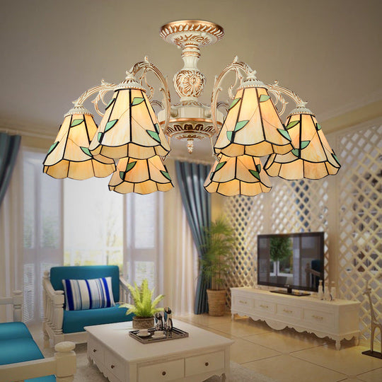 Rustic Leaf Chandelier With Curved Arms Available In 3-8 Lights And Beige Glass For Living Room