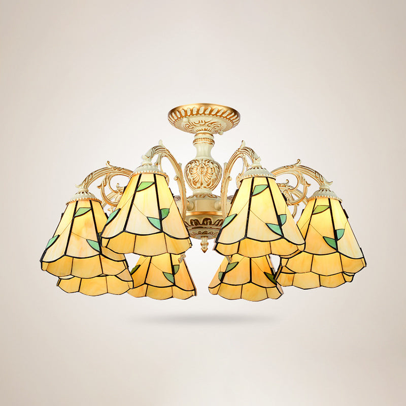 Rustic Leaf Chandelier Lamp with Curved Arm - Beige Glass - 3/5/6/8 Lights - Ideal for Living Rooms