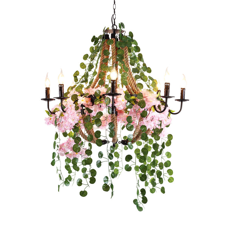 Priscille - 8-Head Candlestick Restaurant Chandelier Light Vintage Metal 8 Heads Pink Flower Pendant Lighting Fixture