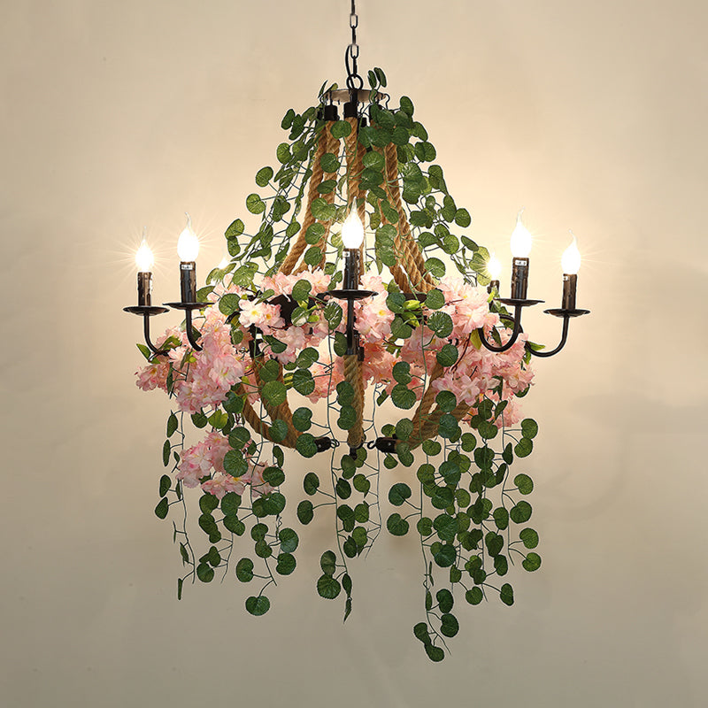 Priscille - 8-Head Candlestick Restaurant Chandelier Light Vintage Metal 8 Heads Pink Flower Pendant Lighting Fixture