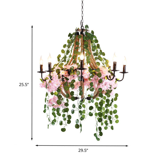 Priscille - 8-Head Candlestick Restaurant Chandelier Light Vintage Metal 8 Heads Pink Flower Pendant Lighting Fixture